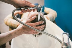 Herenkapperthema Kapper voor washaar in een herenkapper Haar van het close-upwassen van de handen het mannelijke kapper met schui stock foto Herenkapperthema Kapper voor washaar in een herenkapper Haar van het close-upwassen van de handen het mannelijke kapper met schui stock foto