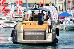 Heron `56 yacht leaving the port stock image Heron `56 yacht leaving the port stock image