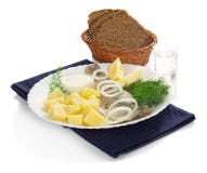 Herring, Potato Shot Glass Of Vodka And The Bread Royalty Free Stock Image