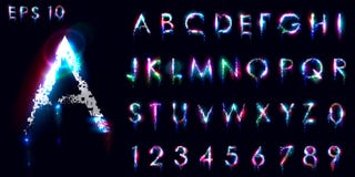Het afbrokkelen en lichtgevende doopvont, Engelse letters en getallen stock illustratie Het afbrokkelen en lichtgevende doopvont, Engelse letters en getallen stock illustratie