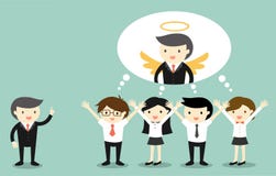 Het bedrijfsconcept, Werkgever geeft compliment aan bedrijfsmensen en zij denken dat de werkgever een engel is royalty-vrije illustratie Het bedrijfsconcept, Werkgever geeft compliment aan bedrijfsmensen en zij denken dat de werkgever een engel is royalty-vrije illustratie