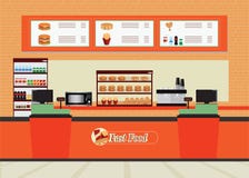 Het binnenland van het snel voedselrestaurant met hamburger en drank vector illustratie Het binnenland van het snel voedselrestaurant met hamburger en drank vector illustratie