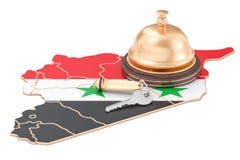 Het boeken van Syrië concept Syrische vlag met hotelsleutel en ontvangst stock illustratie Het boeken van Syrië concept Syrische vlag met hotelsleutel en ontvangst stock illustratie