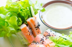Het broodje van de verse groentesalade met krabstok die met kruidig zout eten stock fotografie Het broodje van de verse groentesalade met krabstok die met kruidig zout eten stock fotografie