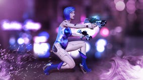 Het Cyborgmeisje met kanonnen wordt bewapend die, vrouwelijke slagrobot die, androïde vrouw sc.i-FI in de 3D die straat van de na vector illustratie Het Cyborgmeisje met kanonnen wordt bewapend die, vrouwelijke slagrobot die, androïde vrouw sc.i-FI in de 3D die straat van de na vector illustratie