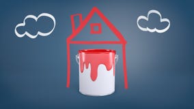 het 3d teruggeven van een emmer met rode verftribunes binnen een eenvoudig beeld van een huis dichtbij een beeld van wolken op ee Royalty-vrije Stock Afbeeldingen het 3d teruggeven van een emmer met rode verftribunes binnen een eenvoudig beeld van een huis dichtbij een beeld van wolken op ee Royalty-vrije Stock Afbeeldingen