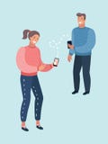 Het delen van de vectorillustratie van het gegevensconcept van jongeren die mobiele smartphone gebruiken om posten en nieuws in s vector illustratie Het delen van de vectorillustratie van het gegevensconcept van jongeren die mobiele smartphone gebruiken om posten en nieuws in s vector illustratie