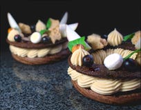 Het dessertringen van Parijs Brest met appelplakken en zwarte besbessen op zwarte achtergrond royalty-vrije stock afbeelding Het dessertringen van Parijs Brest met appelplakken en zwarte besbessen op zwarte achtergrond royalty-vrije stock afbeelding