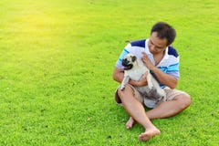 Het gelukkige Aziatische mens spelen met Pug stock afbeeldingen Het gelukkige Aziatische mens spelen met Pug stock afbeeldingen
