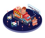Het Isometrische Kunstwerk van de voedselvrachtwagen waar de mensen voedsel op de Straten eten vector illustratie Het Isometrische Kunstwerk van de voedselvrachtwagen waar de mensen voedsel op de Straten eten vector illustratie