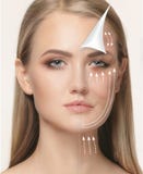 Het jonge vrouwelijke gezicht Antiaging en draad het opheffen concept royalty-vrije stock afbeeldingen Het jonge vrouwelijke gezicht Antiaging en draad het opheffen concept royalty-vrije stock afbeeldingen