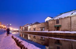 Het Kanaal van Otaru in de Winter stock foto Het Kanaal van Otaru in de Winter stock foto