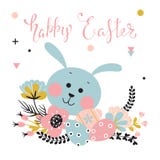 Het konijn, de bloemen en de eieren van Pasen stock illustratie Het konijn, de bloemen en de eieren van Pasen stock illustratie
