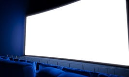 Het lege bioskoopscherm met blauwe zetels 3d geef terug royalty-vrije stock fotografie Het lege bioskoopscherm met blauwe zetels 3d geef terug royalty-vrije stock fotografie