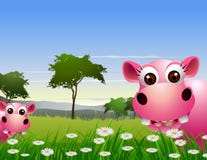 Het leuke beeldverhaal van paarhippo met landschapsachtergrond stock illustratie Het leuke beeldverhaal van paarhippo met landschapsachtergrond stock illustratie