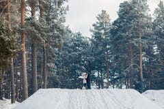 Het lopen met hond in de winter het houdende van paar loopt in sneeuw stock fotografie Het lopen met hond in de winter het houdende van paar loopt in sneeuw stock fotografie
