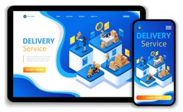 Het malplaatjeontwerp van de website De isometrische conceptenlevering dient Druk levering, online orde uit, call centre vector illustratie Het malplaatjeontwerp van de website De isometrische conceptenlevering dient Druk levering, online orde uit, call centre vector illustratie