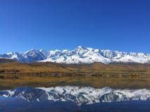 Het meerbezinning van de bergenspiegel Het verbazende Landschap van de Berg De Bergen van Altai Kuraisteppe Dzhangyskolmeer stock afbeeldingen Het meerbezinning van de bergenspiegel Het verbazende Landschap van de Berg De Bergen van Altai Kuraisteppe Dzhangyskolmeer stock afbeeldingen