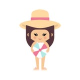 Het meisje van de beeldverhaalzomer in een zwempak en hoed met de zomerbal royalty-vrije illustratie Het meisje van de beeldverhaalzomer in een zwempak en hoed met de zomerbal royalty-vrije illustratie
