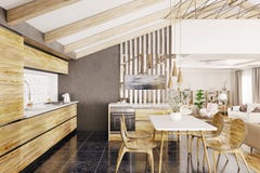 Het moderne houten keuken binnenlandse 3d teruggeven royalty-vrije illustratie Het moderne houten keuken binnenlandse 3d teruggeven royalty-vrije illustratie