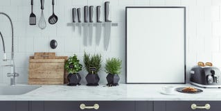 Het moderne keukenbinnenland met lege banner, bespot omhoog stock foto's Het moderne keukenbinnenland met lege banner, bespot omhoog stock foto's