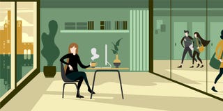 Het moderne stedelijke binnenland van het eco groene bureau met glasmuur stock illustratie Het moderne stedelijke binnenland van het eco groene bureau met glasmuur stock illustratie