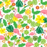 Het naadloze de zomer tropische patroon met flamingo, exotische bloemen, verlaat vectorachtergrond Goed voor behang, webpaginaach royalty-vrije illustratie Het naadloze de zomer tropische patroon met flamingo, exotische bloemen, verlaat vectorachtergrond Goed voor behang, webpaginaach royalty-vrije illustratie