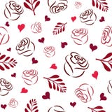 Het naadloze patroon met wit handroze, Bourgondië en rood nam silhouetten, takken en harten op een witte achtergrond toe royalty-vrije illustratie Het naadloze patroon met wit handroze, Bourgondië en rood nam silhouetten, takken en harten op een witte achtergrond toe royalty-vrije illustratie
