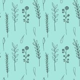 Het naadloze patroon van inktwildflowers Nam de hand getrokken papaver, klis, tarwe, wild gras, kamille, korenbloem, geranium toe royalty-vrije illustratie Het naadloze patroon van inktwildflowers Nam de hand getrokken papaver, klis, tarwe, wild gras, kamille, korenbloem, geranium toe royalty-vrije illustratie