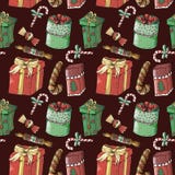 Het naadloze patroon van het Kerstmisnieuwjaar op kastanjebruine achtergrond royalty-vrije illustratie Het naadloze patroon van het Kerstmisnieuwjaar op kastanjebruine achtergrond royalty-vrije illustratie
