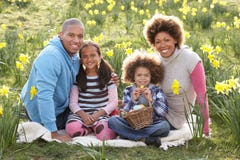 Het Ontspannen van de familie op Gebied van de Gele narcissen van de Lente royalty-vrije stock afbeelding Het Ontspannen van de familie op Gebied van de Gele narcissen van de Lente royalty-vrije stock afbeelding
