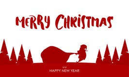 Het ontwerpmalplaatje van groetkaart met Silhouet van Santa Claus trekt een zwaar zakhoogtepunt van giften Stock Afbeelding Het ontwerpmalplaatje van groetkaart met Silhouet van Santa Claus trekt een zwaar zakhoogtepunt van giften Stock Afbeelding