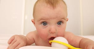 Het oude babyspel van vier maanden met helder stuk speelgoed stock footage Het oude babyspel van vier maanden met helder stuk speelgoed stock footage