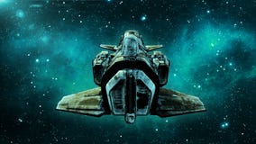 Het oude vreemde ruimteschip in diep ruimte, vuil ruimtevaartuig die in het Heelal met sterren op de achtergrond, 3D UFO achterme royalty-vrije illustratie Het oude vreemde ruimteschip in diep ruimte, vuil ruimtevaartuig die in het Heelal met sterren op de achtergrond, 3D UFO achterme royalty-vrije illustratie