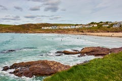 Het paradijs van beroemde surfer in Polzeath, het Noorden van Cornwall stock foto's Het paradijs van beroemde surfer in Polzeath, het Noorden van Cornwall stock foto's