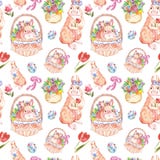 Het patroon van waterverfpasen met leuke konijntjes, Pasen-mand en de lente bloeit op witte achtergrond royalty-vrije stock afbeelding Het patroon van waterverfpasen met leuke konijntjes, Pasen-mand en de lente bloeit op witte achtergrond royalty-vrije stock afbeelding