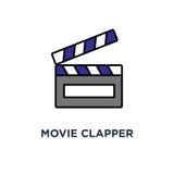 Het pictogram van de filmklep clapperboard, bioskoop, cinematografie, overzicht, het ontwerp van het conceptensymbool, film, film stock illustratie Het pictogram van de filmklep clapperboard, bioskoop, cinematografie, overzicht, het ontwerp van het conceptensymbool, film, film stock illustratie