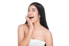 Het portret van de Mooie vrouw van de Huidzorg geniet van en gelukkig stock foto Het portret van de Mooie vrouw van de Huidzorg geniet van en gelukkig stock foto