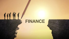 Het potlood schrijft 'FINANCIËN', verbindend de klip Zakenman die de klip, bedrijfsconcept kruisen stock illustratie Het potlood schrijft 'FINANCIËN', verbindend de klip Zakenman die de klip, bedrijfsconcept kruisen stock illustratie