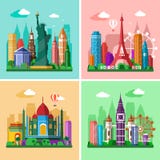 Het reizen rond de wereld Geplaatste stedenhorizonnen Vlakke landschappen van Londen, Parijs, New York en Delhi met oriëntatiepun Het reizen rond de wereld Geplaatste stedenhorizonnen Vlakke landschappen van Londen, Parijs, New York en Delhi met oriëntatiepun