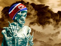 Het skelet in de vlag van Noord-Korea op de achtergrond van de explosie royalty-vrije stock afbeeldingen Het skelet in de vlag van Noord-Korea op de achtergrond van de explosie royalty-vrije stock afbeeldingen