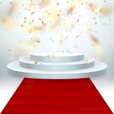 Het transparante realistische effect gouden glanzende confettien vliegen Rood tapijt en rond podium met lichten voor gebeurtenis stock illustratie Het transparante realistische effect gouden glanzende confettien vliegen Rood tapijt en rond podium met lichten voor gebeurtenis stock illustratie