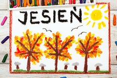 Het trekken: De Poolse woordherfst en bomen met gele, rode en oranje bladeren stock foto Het trekken: De Poolse woordherfst en bomen met gele, rode en oranje bladeren stock foto