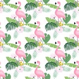 Het tropische wildernis naadloze patroon met flamingovogel, palmbladen en magnolia of lotusbloem bloeit Vlak ontwerp, vector vector illustratie Het tropische wildernis naadloze patroon met flamingovogel, palmbladen en magnolia of lotusbloem bloeit Vlak ontwerp, vector vector illustratie