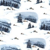 Het uitstekende naadloze patroon van de Kerstmiswaterverf met comfortabel bos de winterlandschap stock illustratie Het uitstekende naadloze patroon van de Kerstmiswaterverf met comfortabel bos de winterlandschap stock illustratie