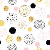 Het vector naadloze abstracte ornament van de patroonstip verfraaide gouden, roze, zwarte hand getrokken cirkelelementen royalty-vrije illustratie Het vector naadloze abstracte ornament van de patroonstip verfraaide gouden, roze, zwarte hand getrokken cirkelelementen royalty-vrije illustratie