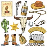 Het wilde westen, rodeo toont, cowboy of Indiërs met lasso hoed en kanon, cactus met sheriffster en bizon, laars met vector illustratie Het wilde westen, rodeo toont, cowboy of Indiërs met lasso hoed en kanon, cactus met sheriffster en bizon, laars met vector illustratie