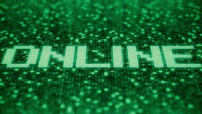 Flashing hexadecimal symbols on a green computer screen compose ONLINE word. Loopable 3D animation royalty free illustration Flashing hexadecimal symbols on a green computer screen compose ONLINE word. Loopable 3D animation royalty free illustration