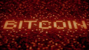 Flashing hexadecimal symbols on a red computer screen compose Bitcoin text. Loopable 3D animation royalty free illustration Flashing hexadecimal symbols on a red computer screen compose Bitcoin text. Loopable 3D animation royalty free illustration