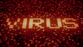 Flashing hexadecimal symbols on a red computer screen compose Virus word. Loopable 3D animation stock illustration Flashing hexadecimal symbols on a red computer screen compose Virus word. Loopable 3D animation stock illustration